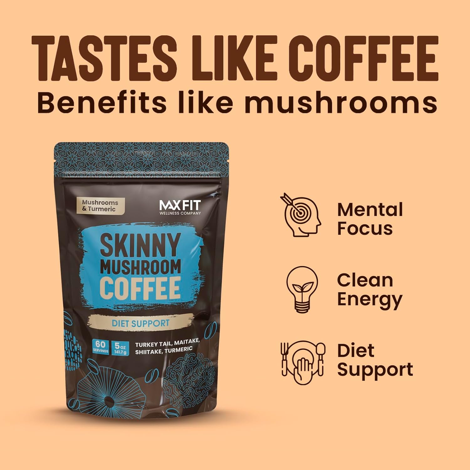 Skinny Instant Mushroom Coffee (60 Servings) Mental Focus Plus Diet Support - Turkey Tail, Maitake, Shiitake & Turmeric, Mixed With Gourmet 100% Arabica Medium Roast Instant Coffee