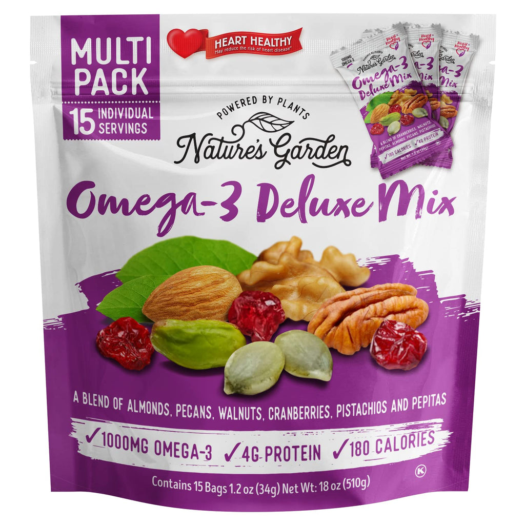 Nature's Garden Omega 3 Deluxe Mix - Trail Mix Nuts, Heart Healthy, Gluten Free, Cholesterol Free, Sodium Free, No Artificial Ingredients - 1.2 oz Bags (15 Individual Servings)