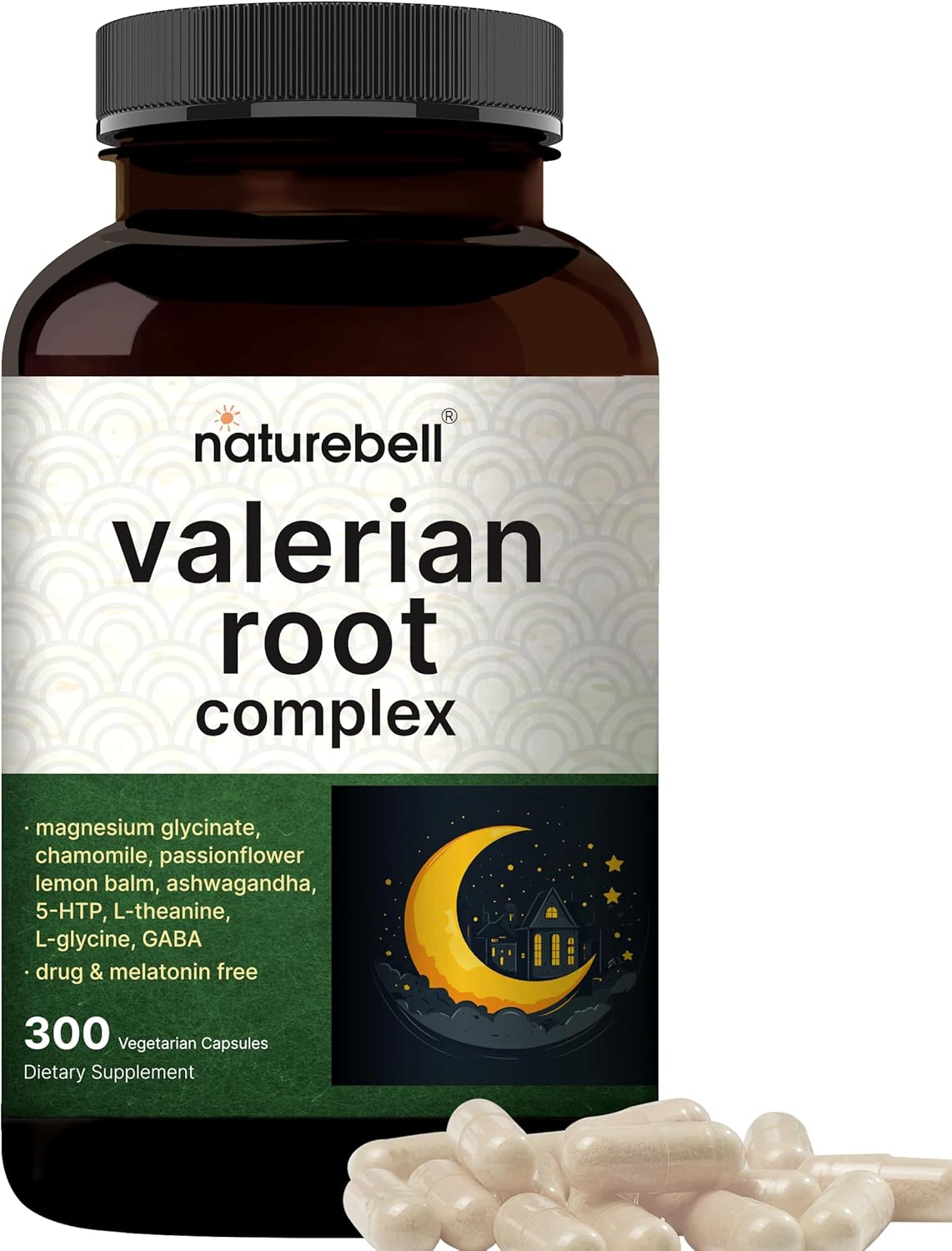 NatureBell Valerian Root for Sleep, 300 Veggie Capsules with Magnesium Glycinate, Chamomile, Passionflower, Lemon Balm, Ashwagandha, & More – Relaxation & Sleep Support Supplement – Melatonin Free
