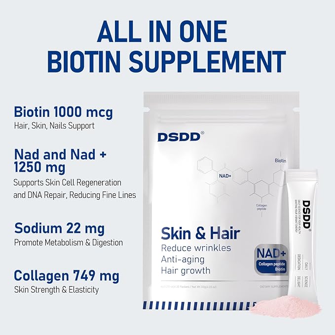 Biotin Supplement for Supports Thicker, Fuller Hair, Skin & Nails, Hair Growth Vitamins for Women and Men with 1000mg Biotin, 1000mg NAD, Collagen, Sodium Non-GMO, 40 Servings