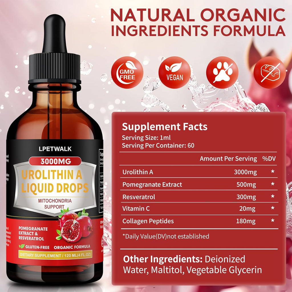 4 Fl Oz Urolithin A Liquid Drops with Pomegranate Extract - Urolithin a Supplement - Big Capacity (120ml)