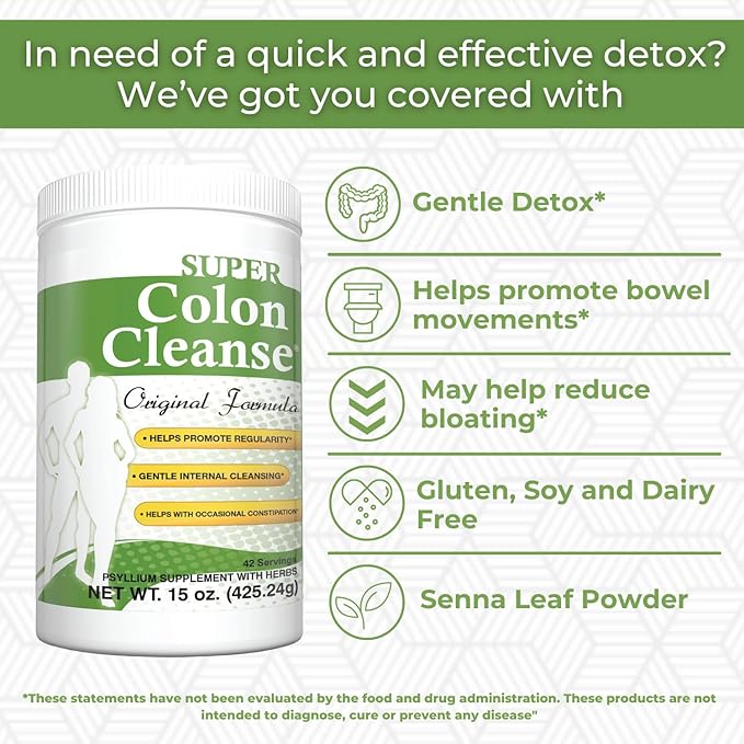 Health Plus Super Colon Cleanse Original Formula (1990-2025), 15 oz Powder, 42 Servings, with Psyllium Husk and Senna Leaf for Constipation Relief and Digestive Support
