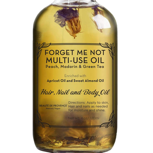 BEAUTE DE PROVENCE Multi-Use Oil for Face, Body and Hair - Forget Me Not - Organic Blend of Apricot, Vitamin E and Sweet Almond Oil Moisturizer for Dry Skin, Scalp and Nails - 4 Fl Oz
