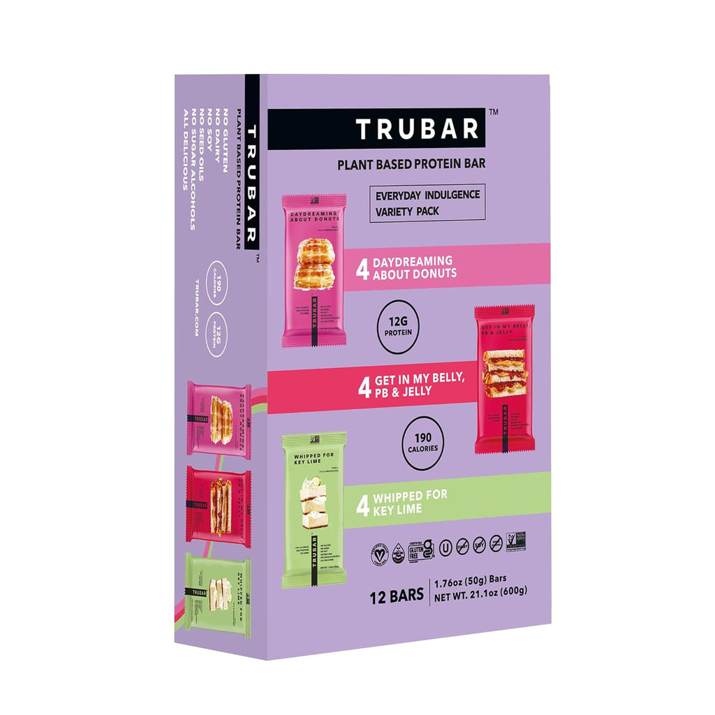 TRUBAR Vegan Protein Bar Variety Pack, Assorted Flavors, Donuts, PB & Jelly, Key Lime, Gluten Free, Vegan Protein Snacks, 12G Plant-Based Protein, High Fiber, Healthy Protein Bars, 12 CT