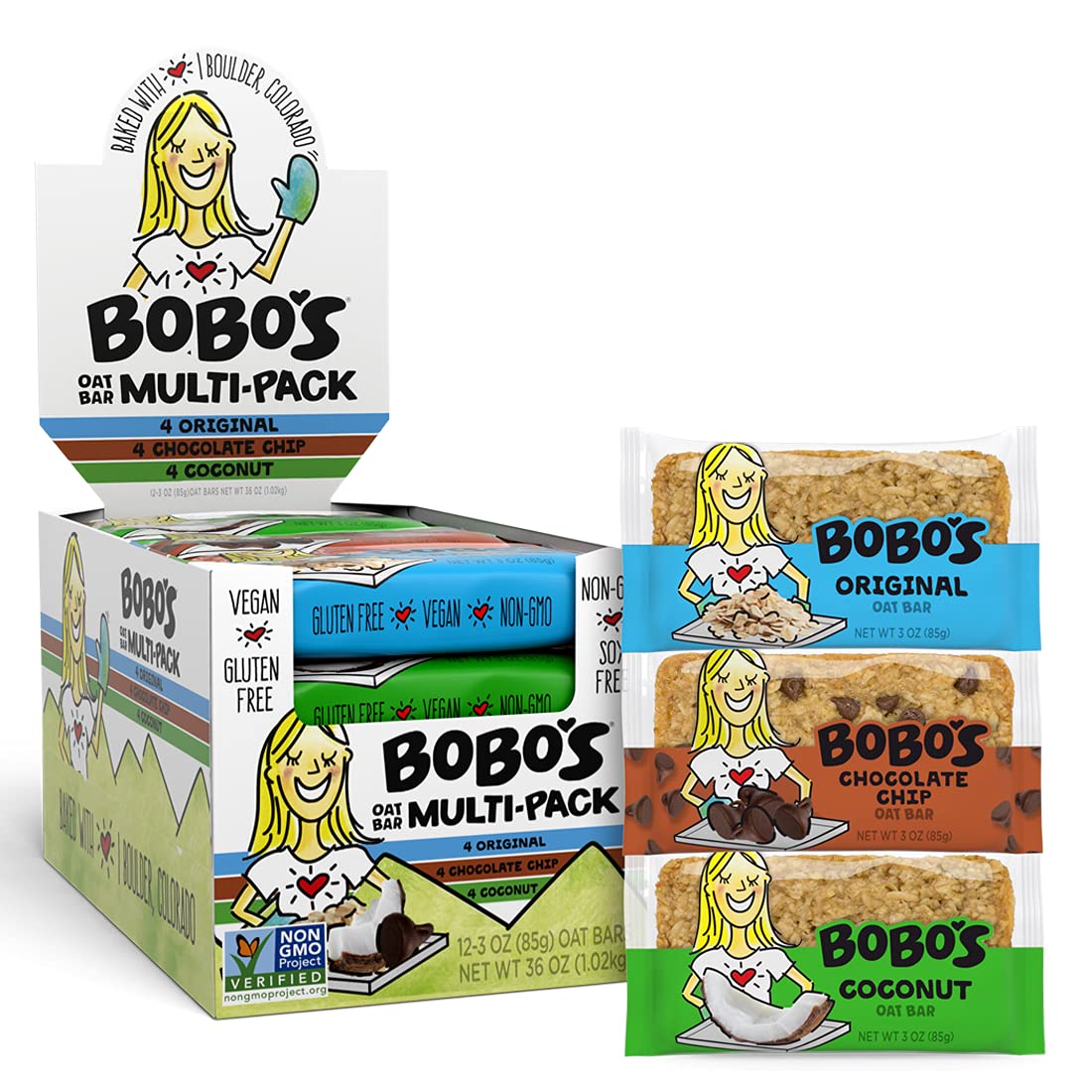 Bobo's Variety Pack Oat Bars, Gluten Free, Non-GMO, Whole Grain Oats, Pack of 12 | Snack Bars | On-the-Go | Made with Simple Ingredients