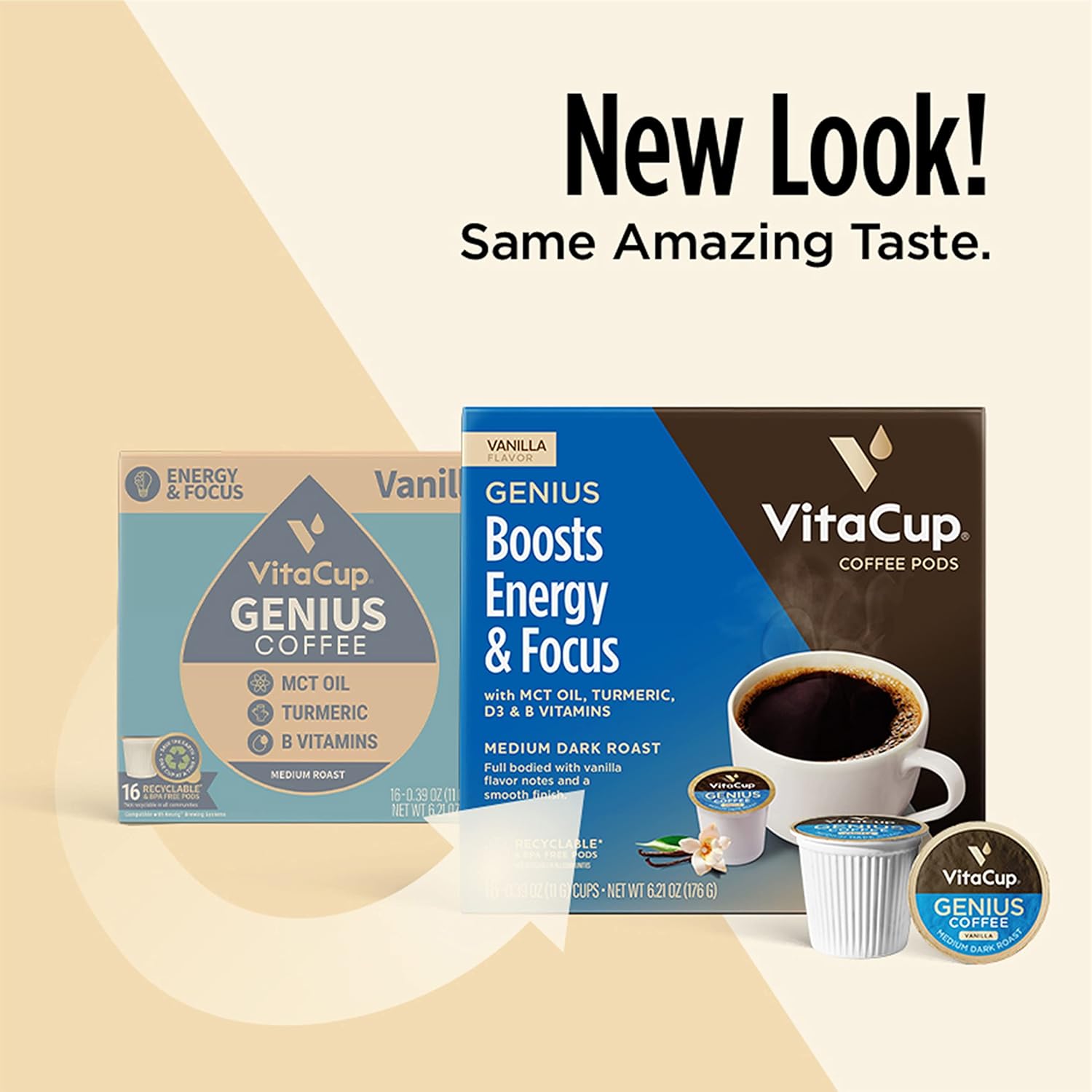 Genius Vanilla Keto Coffee Pods by VitaCup w/MCT Oil, Turmeric, B Vitamins, & D3 for Energy & Focus in Recyclable Single Serve Pod Compatible with K-Cup Brewers Including Keurig 2.0, 32 CT