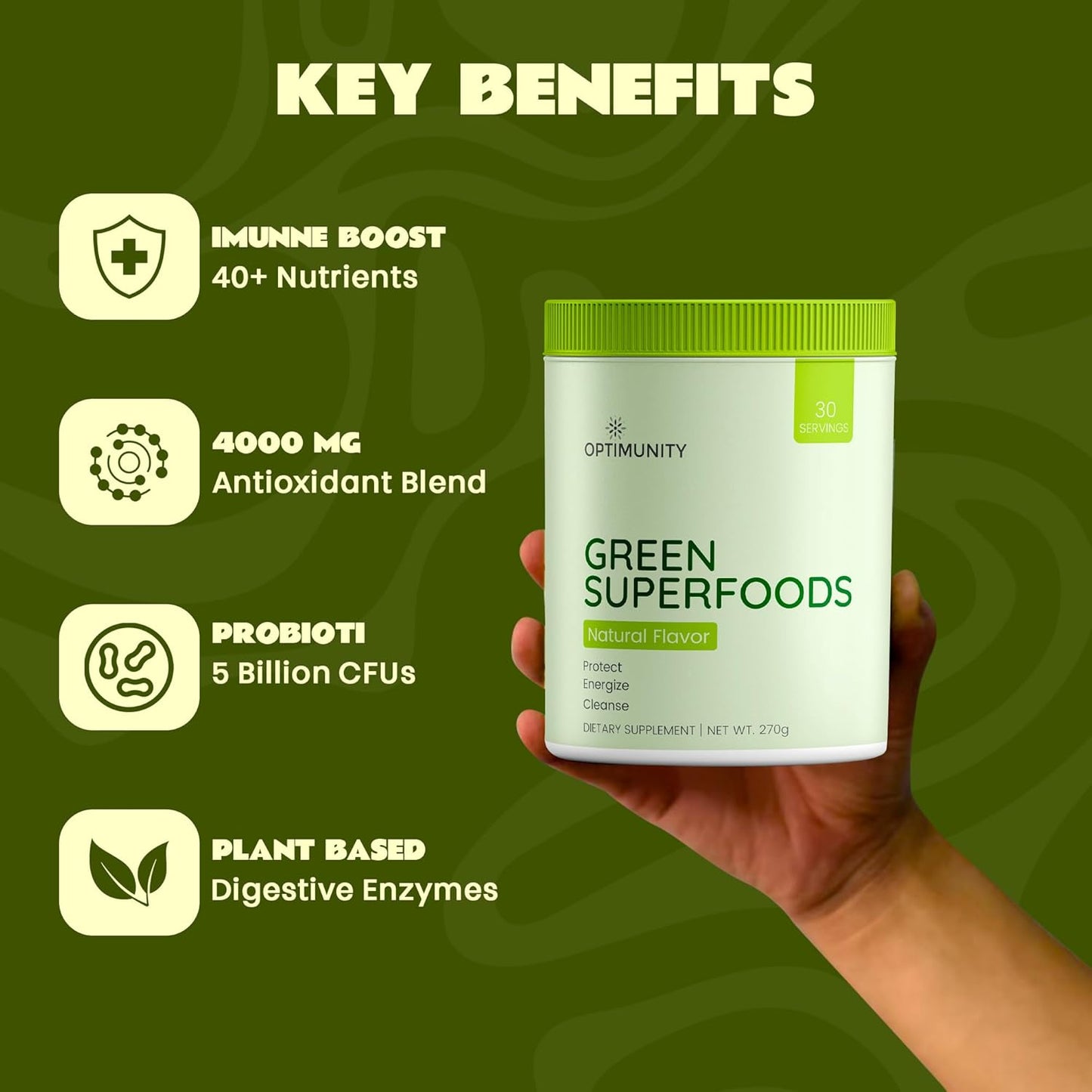 Green Superfoods Powder - Unflavored – Organic Greens Blend with Spirulina, Probiotics & Digestive Enzymes – Detox, Immune & Gut Health Support – 30 Servings (30 Servings, Unflavoured)
