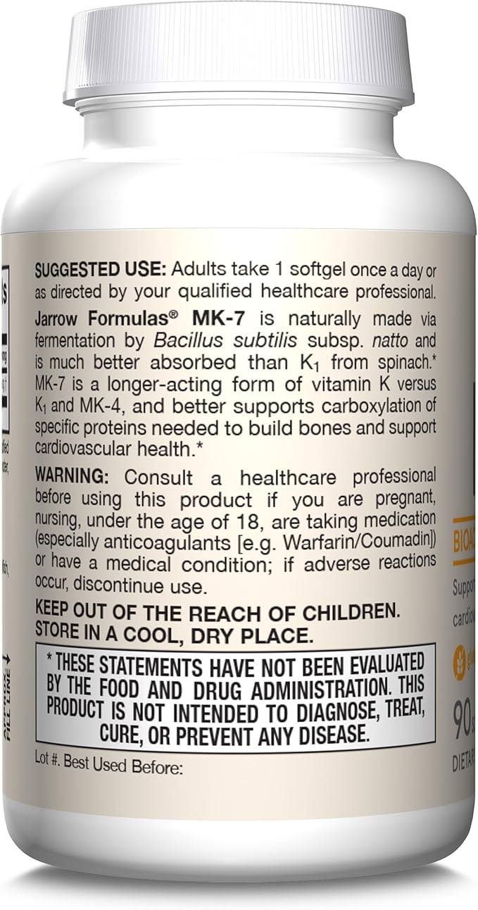 Jarrow Formulas MK-7 90 mcg - Bioactive Form of Vitamin K2-90 Servings (Softgels) - for Bone & Cardiovascular Health - Vitamin K2 MK-7 Dietary Supplement - Gluten Free