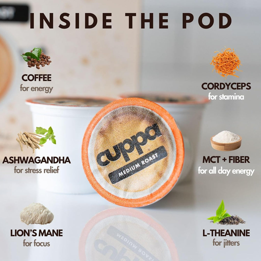 Cuppa Healthy Mushroom Coffee Single Serve Pods (K-Cups) with Lion's Mane & Ashwagandha for All Day Energy & Focus - No Crash or Jitters - Nootropics for Brain Health, Gut Health, Immunity, Stress, Memory + Mood - 48 Servings