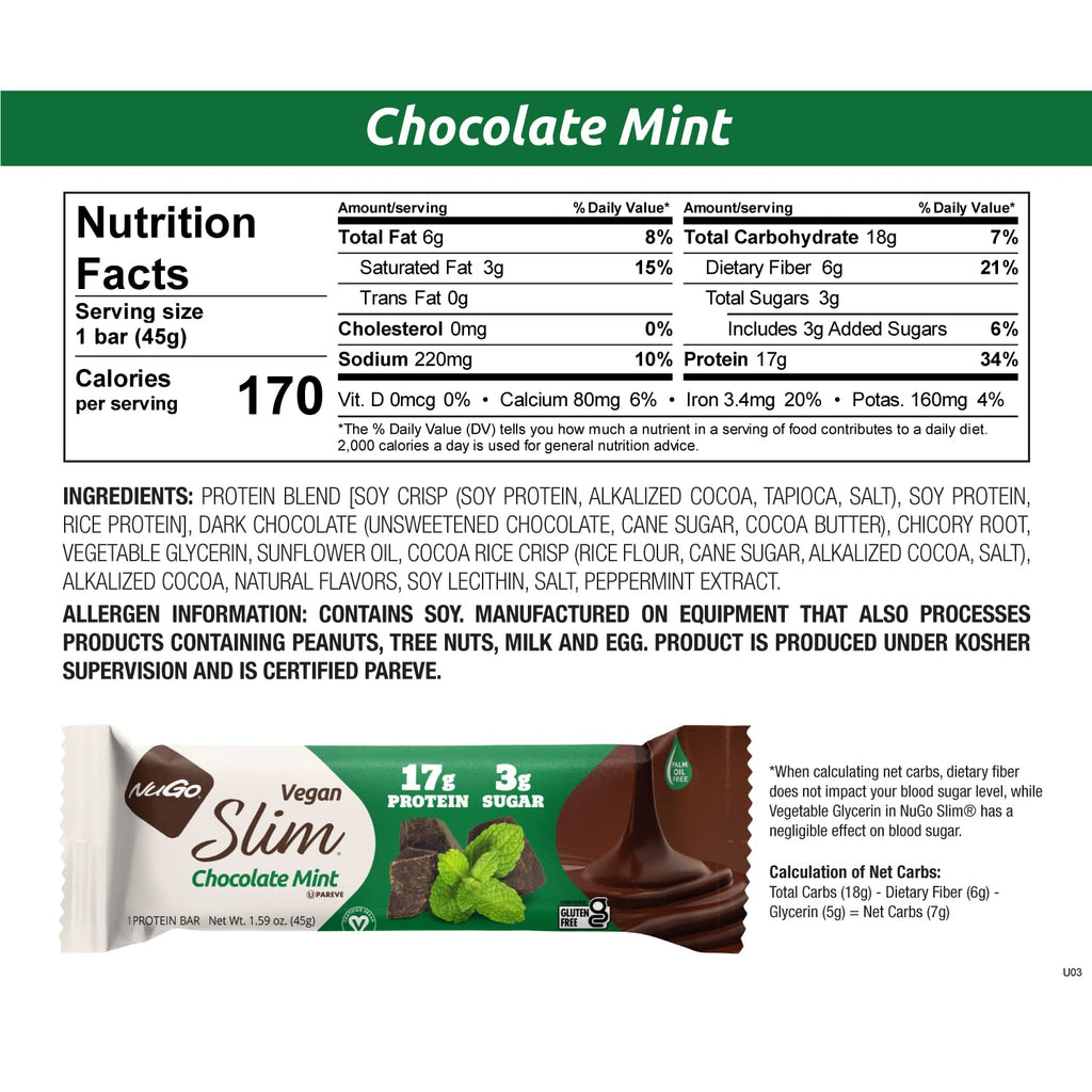 NuGo Slim Dark Chocolate Mint, 17g Vegan Protein, 3g Sugar, 6g Fiber, Low Net Carb, Keto Friendly, Gluten Free, 12 Count