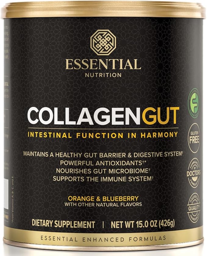 Essential Nutrition - Collagen Gut - Collagen Peptides Powder - Gut health supplement Immunity - Prebiotic Fiber, Turmeric Extract, FODMAP Friendly, Sugar-Free - Orange & Blueberry- 15oz (20 Servings)