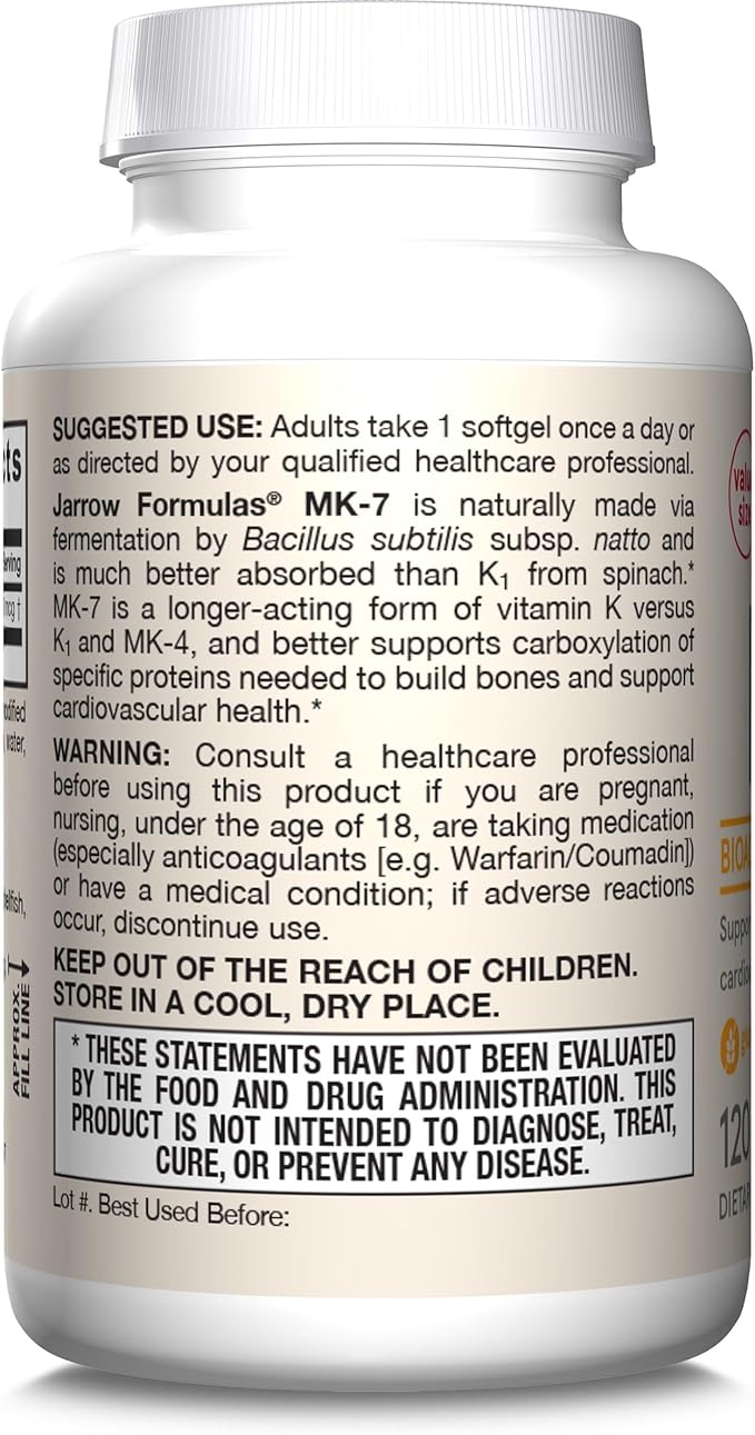 Jarrow Formulas MK-7 90mcg-Bioactive Form of VIT K2-120 Servings(Softgels)-for Bone & CV Health-VIT K2 MK-7 Dietary Supp-K2 VIT Supp MK-7-Gluten Free,12 Pack