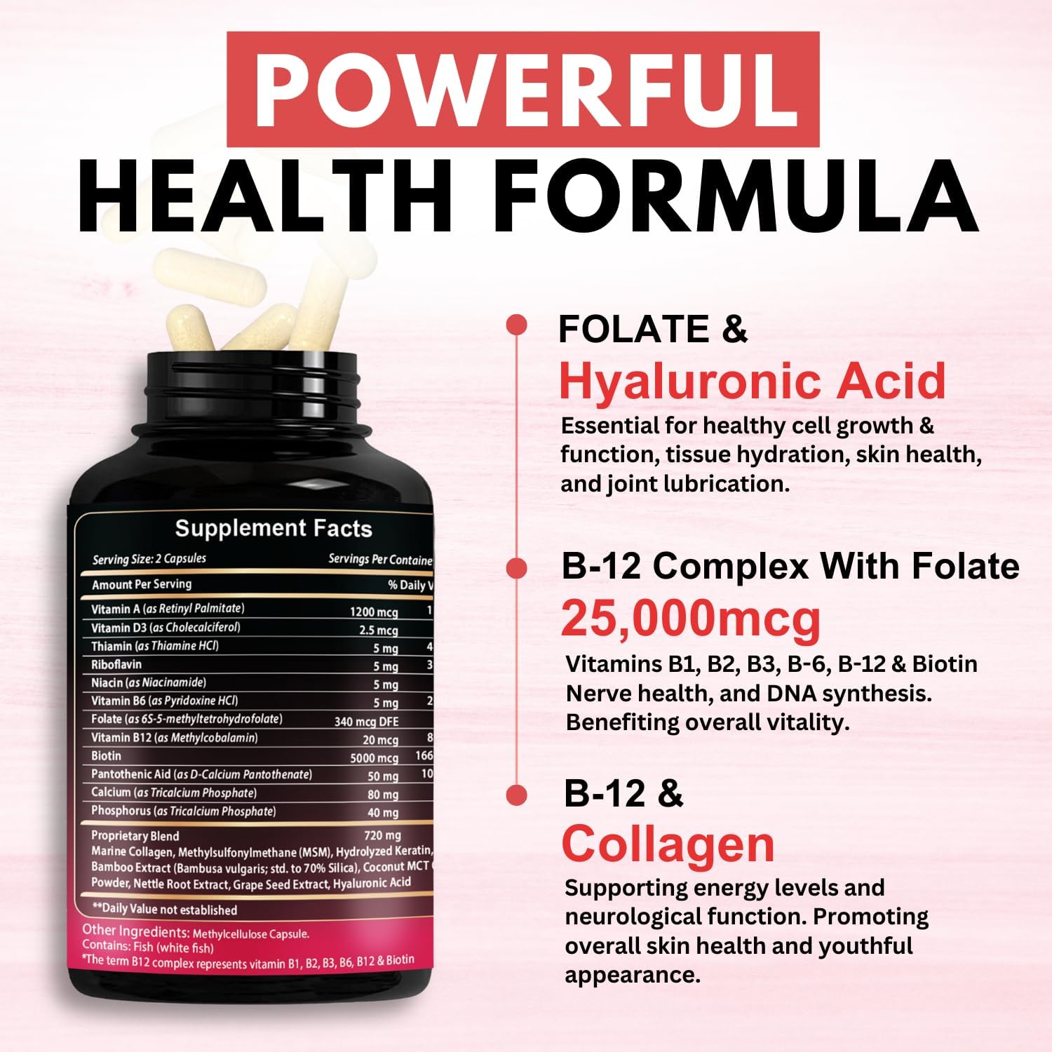 B12 Methylcobalamin with Hyaluronic Acid, Collagen, and Folate – 25000 mcg Supplement Enhance Absorption & Boost Energy | Gluten-Free, Made in USA, B1, B2, B3, B6, B7 Complex - Pack of 2