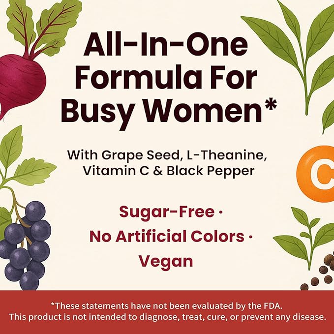 Beet Root Gummies – Blood Pressure Support & Mood Support, Super Nitric Oxide Beets Supplement with Grape Seed, L-Theanine & Vitamin C, Sugar-Free Vegan, 30:1 Beet Root Extract, 60 Strawberry Chews