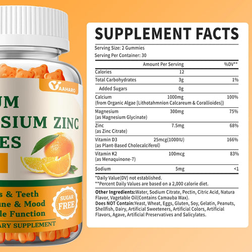 (2 Pack) Calcium Magnesium Zinc Gummies with Vitamin D3 & K2 - Sugar Free Calcium Gummies for Women and Men - Bone & Immune Support - Non-GMO, Gluten-Free, Orange Flavored - 120 Count