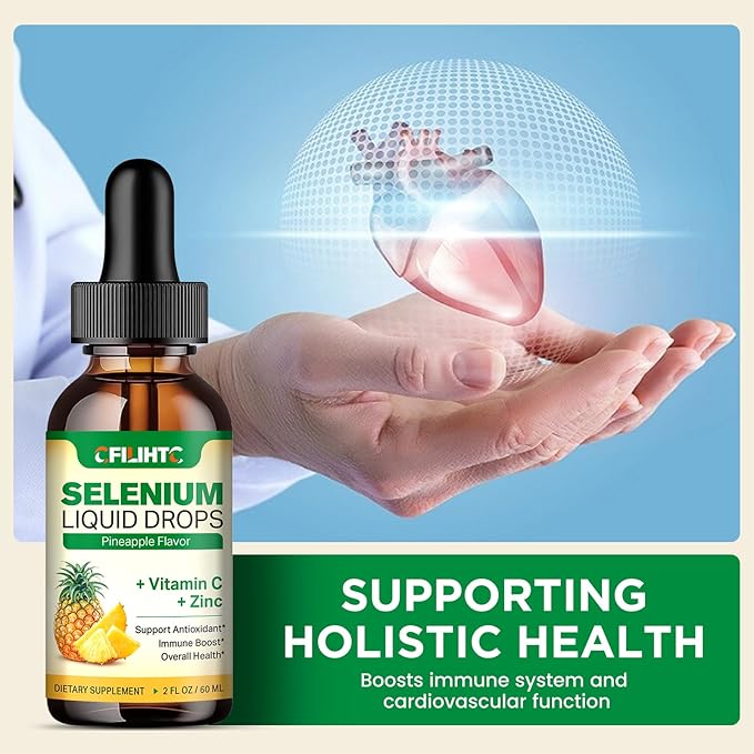 2 Pack Selenium Liquid Drops, 200mcg Liquid Selenium Supplement with Vitamin C & Zinc, Support for Immune System, Antioxidant & Heart Health, High Absorption, Pineapple Flavor