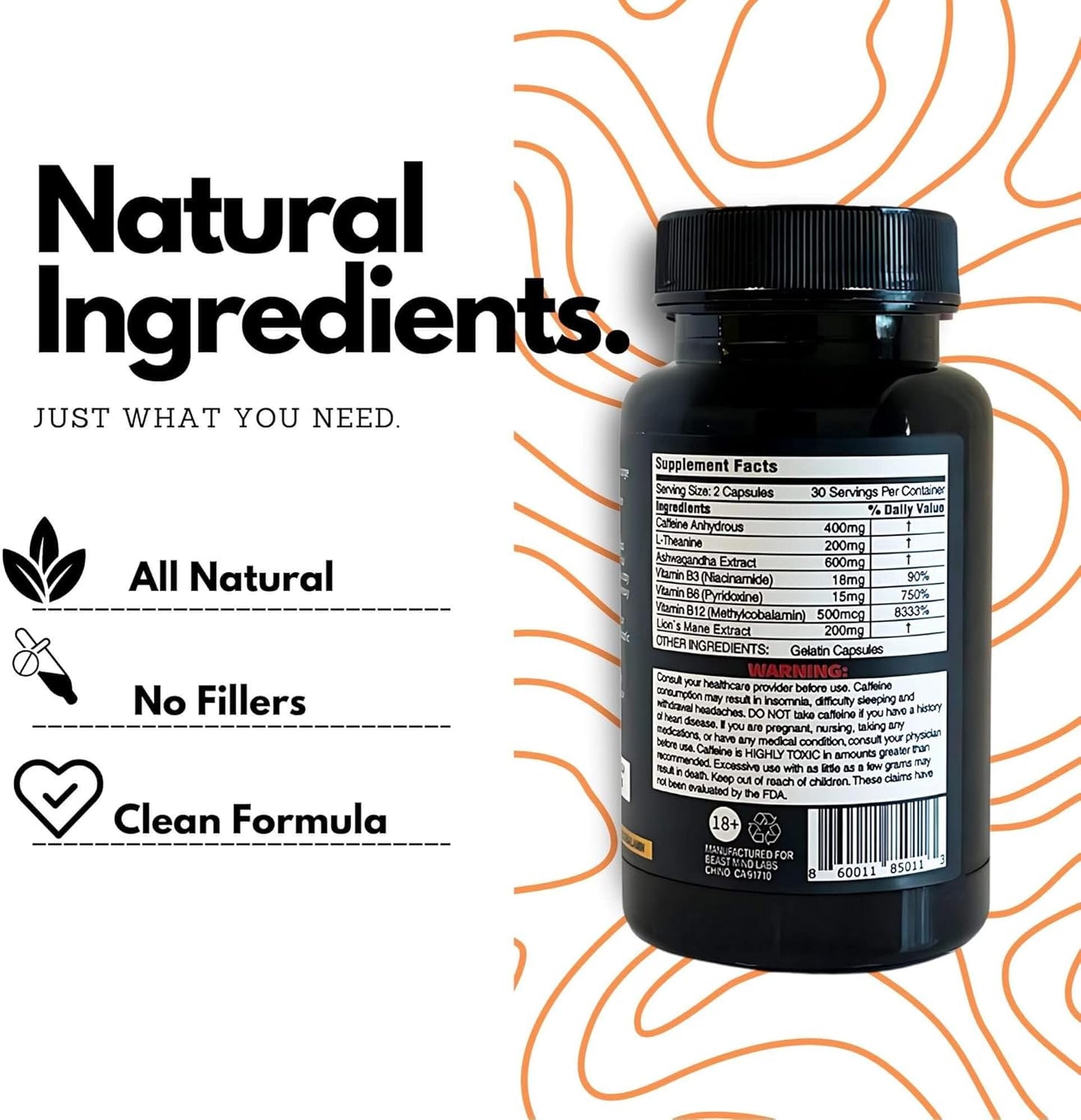 Extreme Energy Pills | 400mg Caffeine | 600mg Ashwagandha | 200mg Lions Mane | Increased Energy & Focus & Mood by Beast Mind