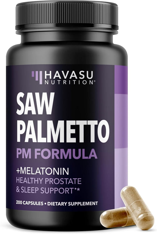 Saw Palmetto PM for Men with Melatonin 3mg - Night Time Prostate Health Supplement for Bladder and Sleep Support - Reduce Urinary Frequency - 200 Count - Vegan, Non-GMO Capsules - Over 6 Month Supply