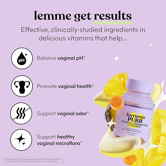 Lemme Purr Vaginal Probiotic Gummies for Women - Balanced pH, Healthy Odor, Yeast Balance & Flora Support + Vitamin C for Immune Health - Tasty Pineapple (60 Count) (Pack of 2)