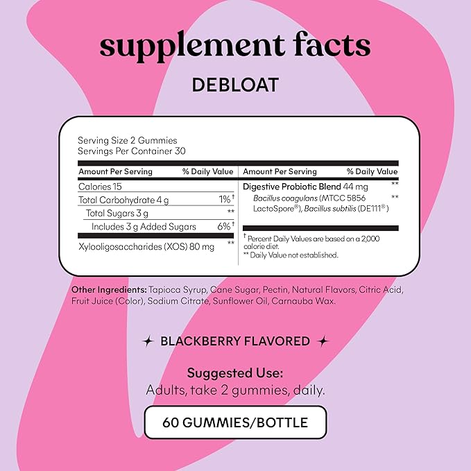 Lemme Debloat - Digestive & Gut Health Gummies with 2 Clinically Studied Probiotics & Prebiotic, Vegetarian, Gluten Free, Non GMO, BlackBerry Flavor (60 Count) (Pack of 2)