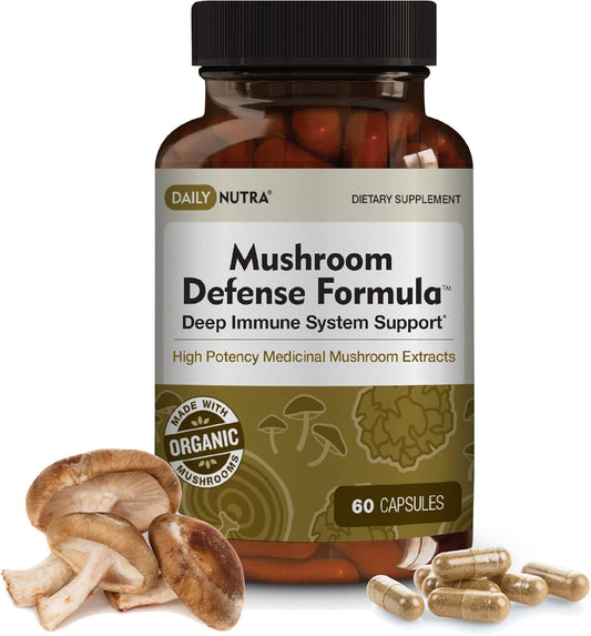 DailyNutra Mushroom Defense Formula - Immune Support Supplement | Organic Mushrooms, Hot Water Extracted - Reishi, Chaga, Maitake, Shiitake & Turkey Tail (60 Capsules)