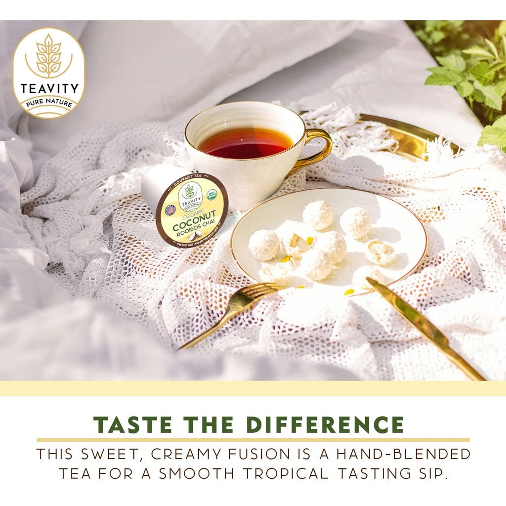 Coconut Rooibos Chai Tea Pods for Keurig - Organic Ginger Tea, Rooibos, Cinnamon, Cardamom, Coconut & Chai by Teavity (12 Tea Pods)