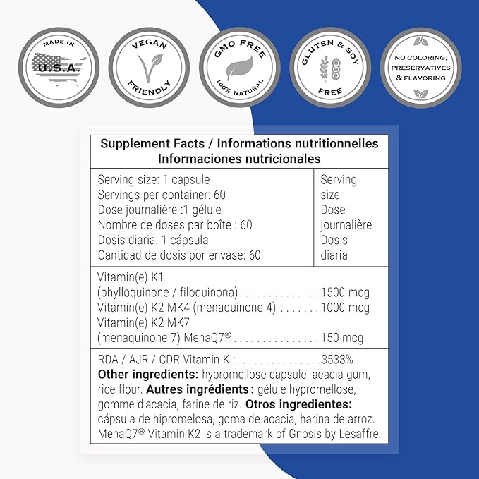 Supersmart - Complete K - with K1, K2 (MK4 + MK7) - Full Spectrum Vitamin K Supplement | Non-GMO & Gluten Free - 60 Vegetarian Capsules