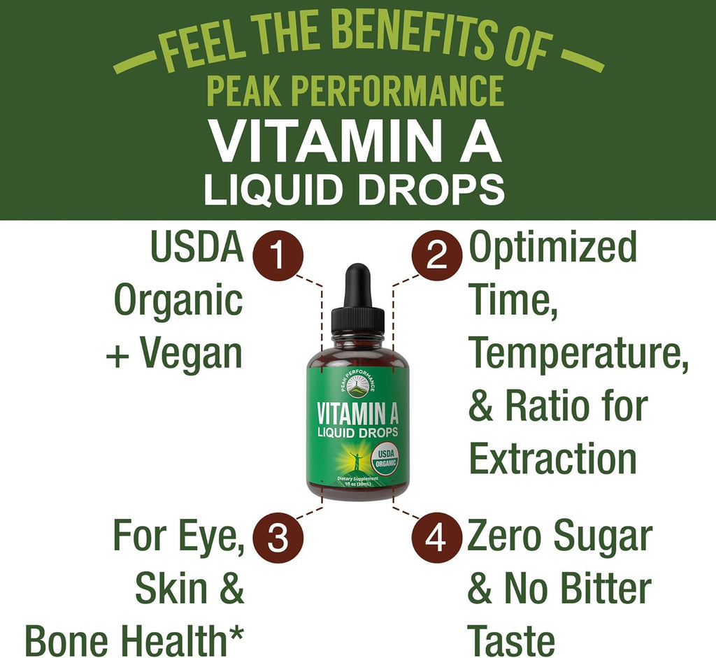USDA Organic Vitamin A Liquid Drops Supplement. Vegan High Bioavailability for Eye, Skin, and Bone Health. for Adults, Men, Women, Kids. Organic VIT A Oil Retinyl Palmitate. Gluten Free, Zero Sugar
