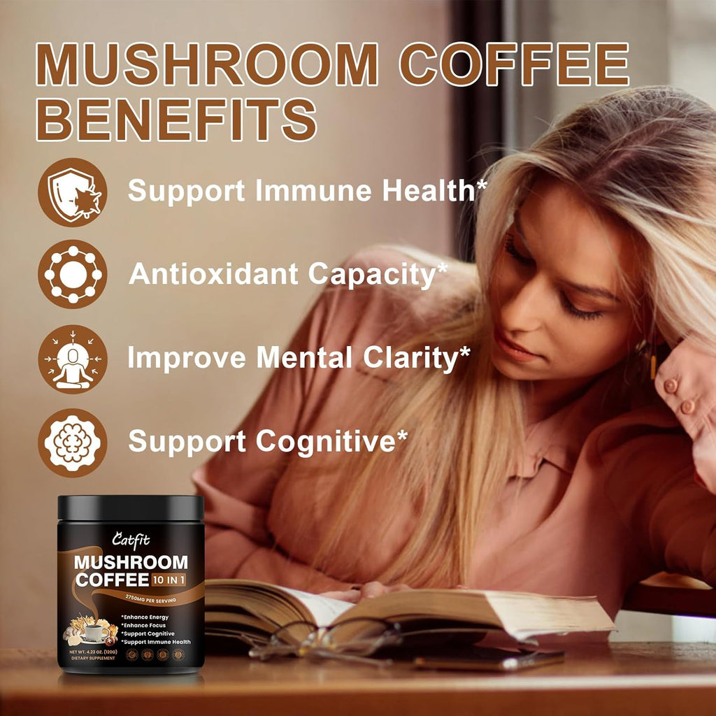 (2 Pack) Mushroom Coffee Powder, 10 Mushroom Blend- Lion's Mane, Chaga, Brain Supplements with Arabica Coffee, Ashwagandha, L-Theanine for Energy, Focus, Memory and Immunity, 120G