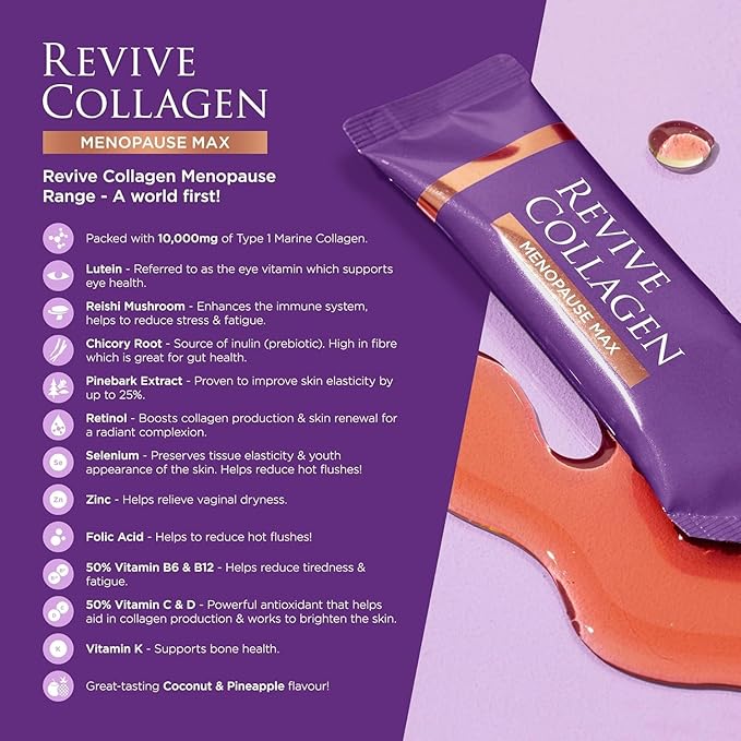 Revive Collagen Menopause Max — Hydrolyzed Marine Collagen Drink for Women, 10,000MG, Lutein, Reishi Mushroom, Vitamin B6, B12, C & D, for Skin & Eye Health, Pineapple & Coconut Flavour — 28 Sachets
