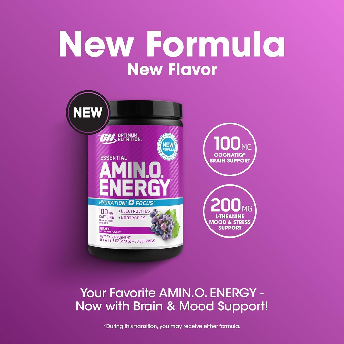 Optimum Nutrition Amino Energy Powder Plus Focus, with BCAA, Electrolytes, and Caffeine, Grape, 30 Servings (Packaging May Vary)
