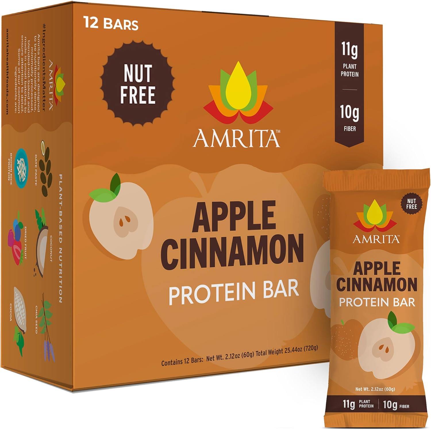 Amrita Nut Free Apple Cinnamon Vegan Protein Bars (12 Count) | 11g Plant-Based Protein Bar | Peanut Free, Gluten Free, and Dairy Free | Low Sugar, High Fiber, Healthy School-Safe Snacks