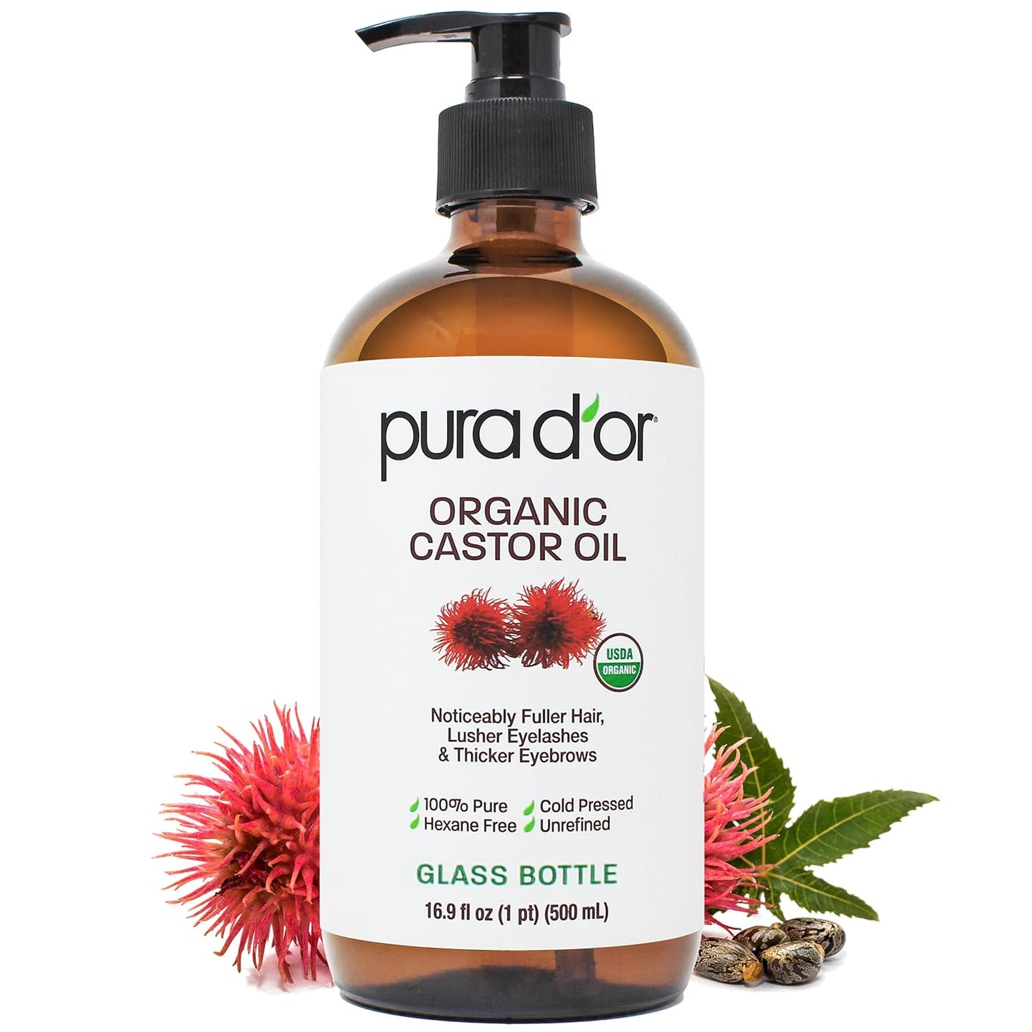 PURA D'OR 16.9 oz Organic Castor Oil (GLASS BOTTLE) Pure Cold-Pressed Hexane-Free USDA Certified – Lashes Brows Hair Scalp Skin – Botanical Moisturizer for Softness Strength Hydration Shine Radiance