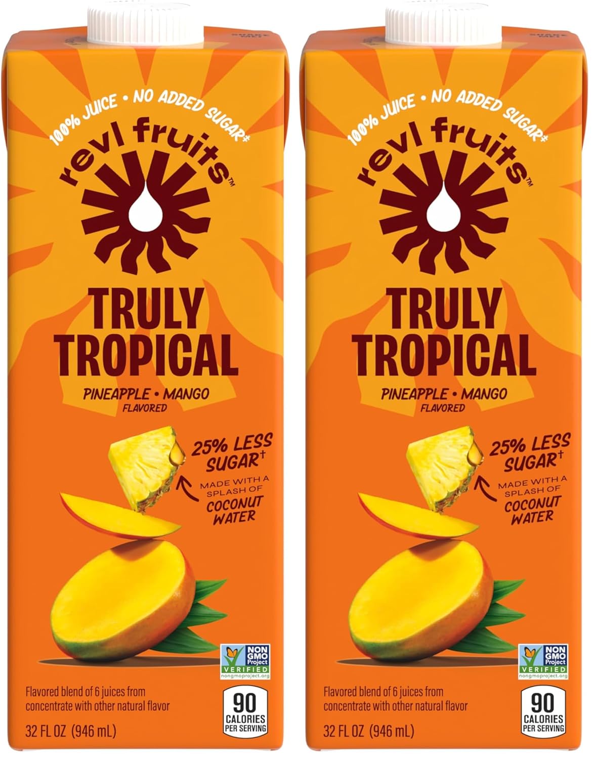 Revl Fruits 100% Juice, No Added Sugar, Pineapple Mango, Truly Tropical, 32 fl oz. Carton (Pack of 2)