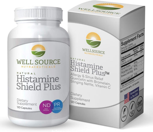 Histamine Shield Plus™ Natural Antihistamine Supplement for Adults, Sinus & Allergy Relief for Pollen, Pet Dander, Dust, Mold, and Odors, Quercetin with Bromelain & Stinging Nettle 120 Capsules