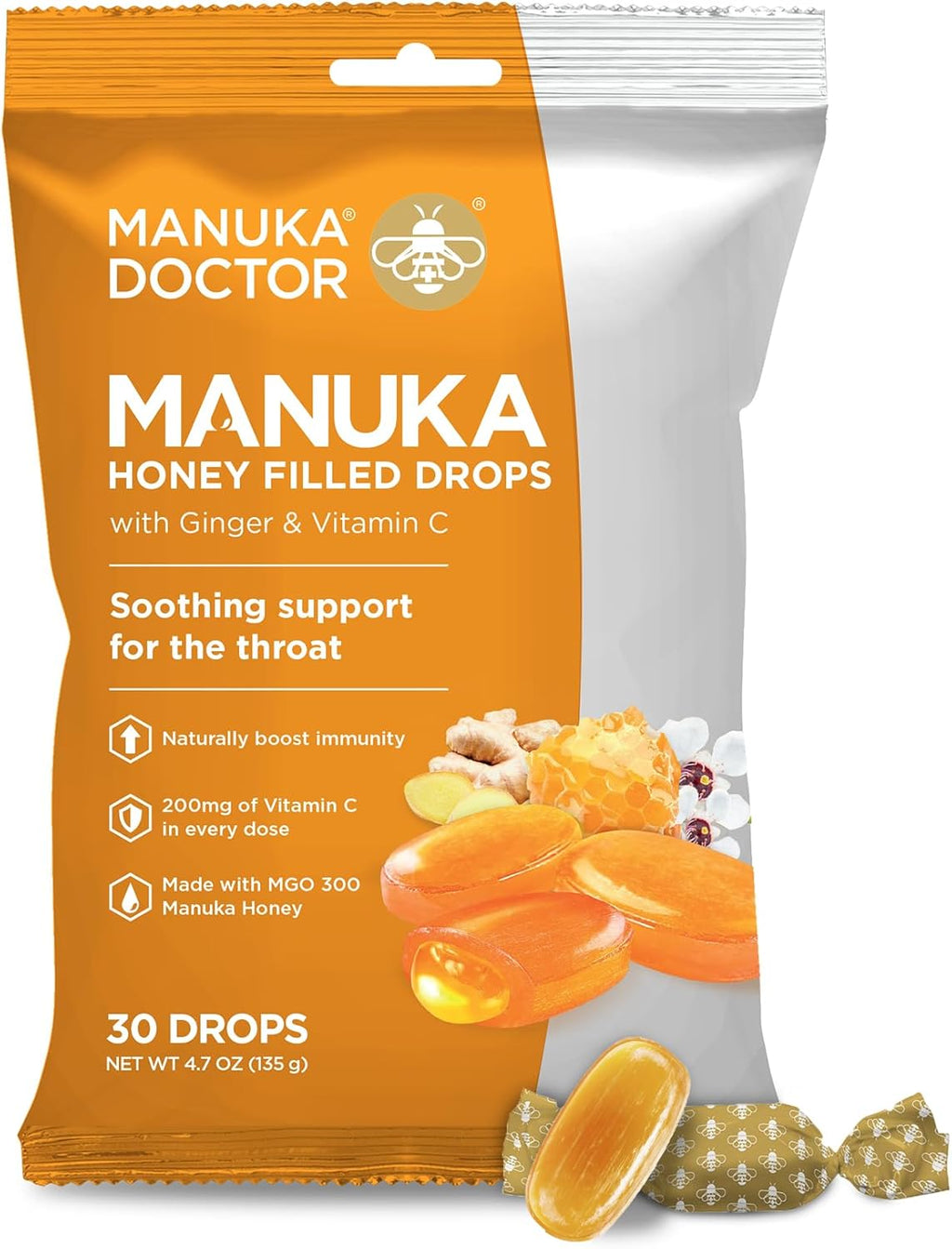 Manuka Doctor Cough Drops, Manuka Middles, 30 Drops (Pack of 1) Bag Throat Lozenges Infused with Raw Manuka Honey, Vitamin C & Ginger for Immune Support, Helps Soothe Sore Throat