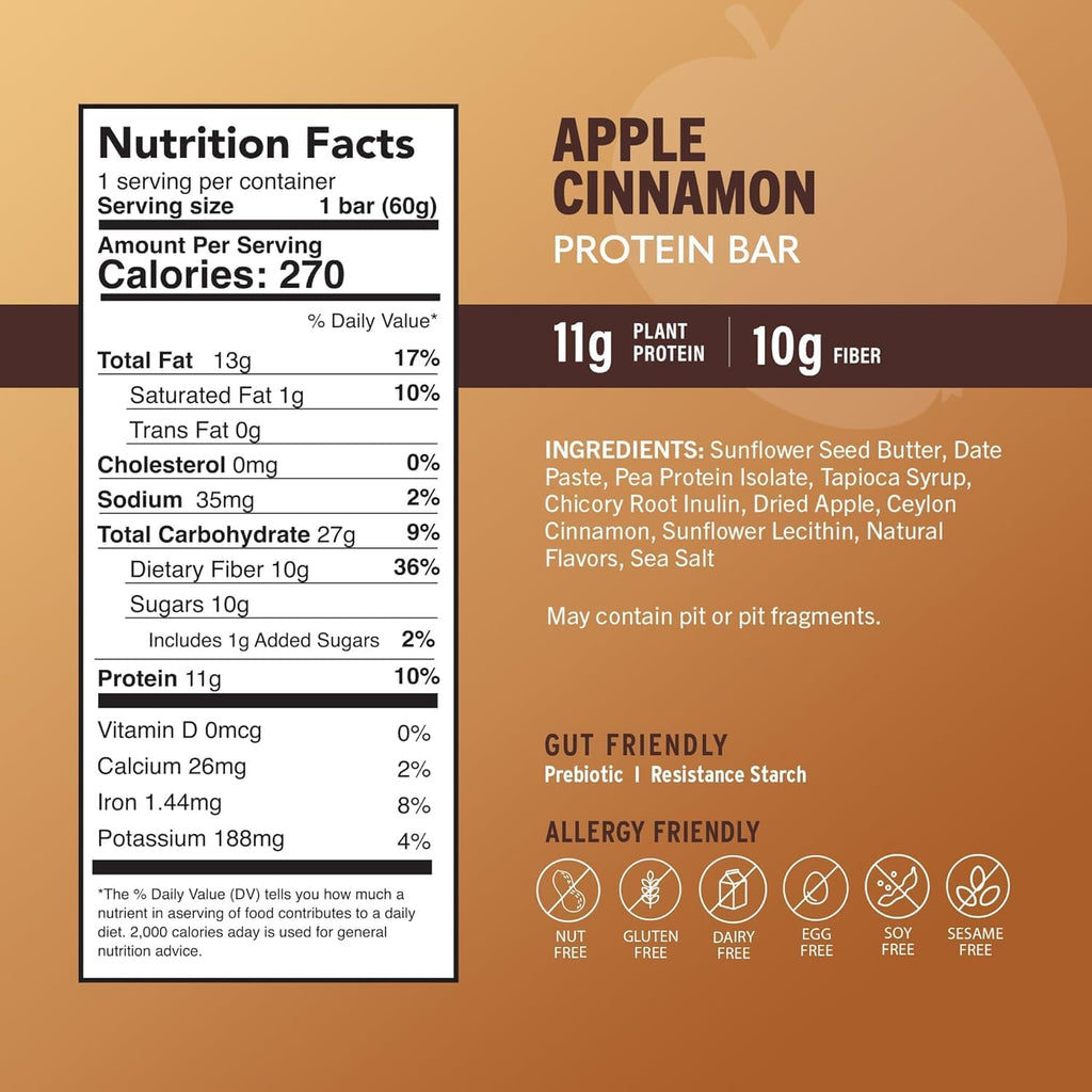 Amrita Nut Free Apple Cinnamon Vegan Protein Bars (12 Count PK of 3) | 11g Plant-Based Protein Bar | Peanut Free, Gluten Free, and Dairy Free | Low Sugar, High Fiber, Healthy School-Safe Snacks