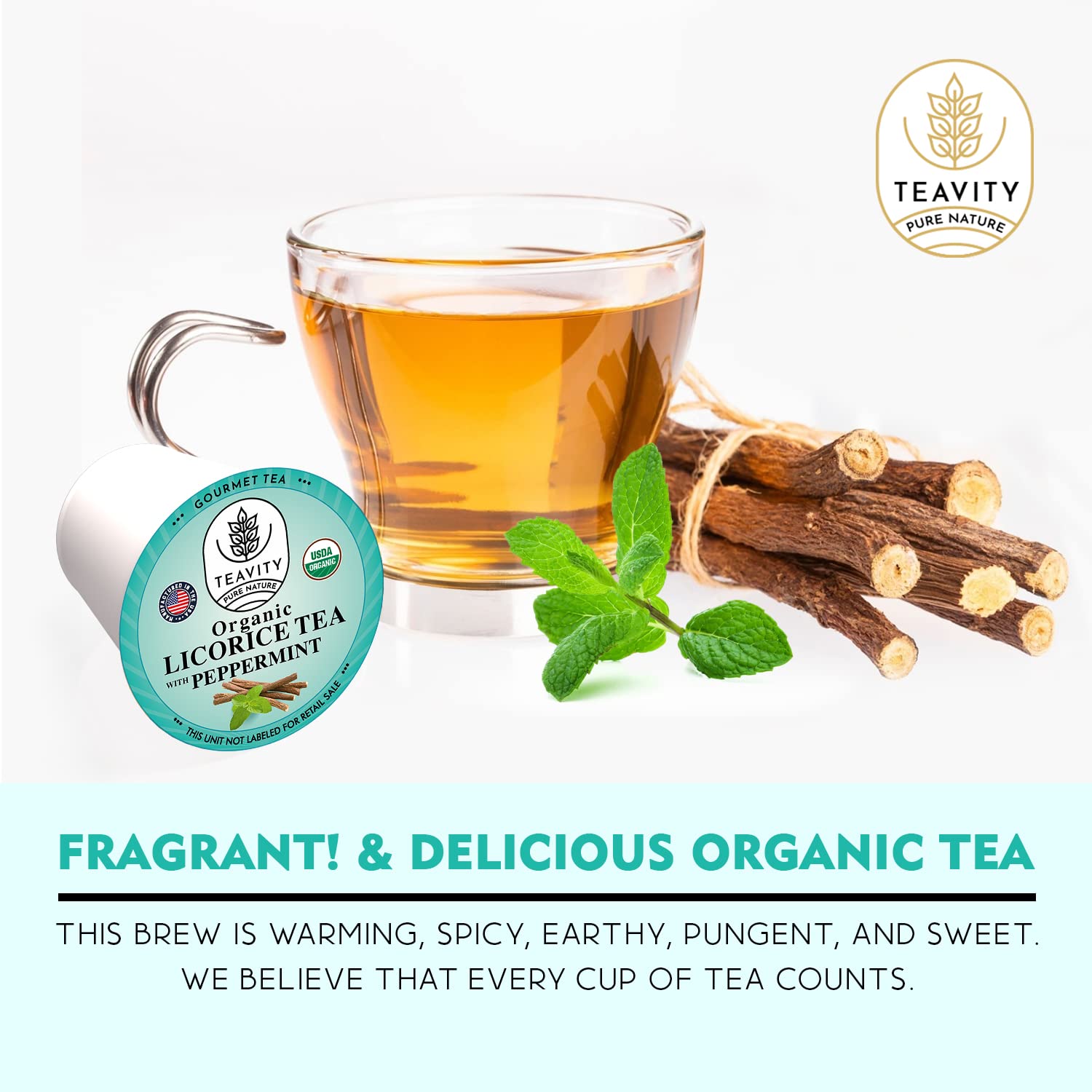 Organic Licorice Mint Tea Pods for Keurig - Natural Decaf Peppermint Tea by Teavity (24 Tea Pods)