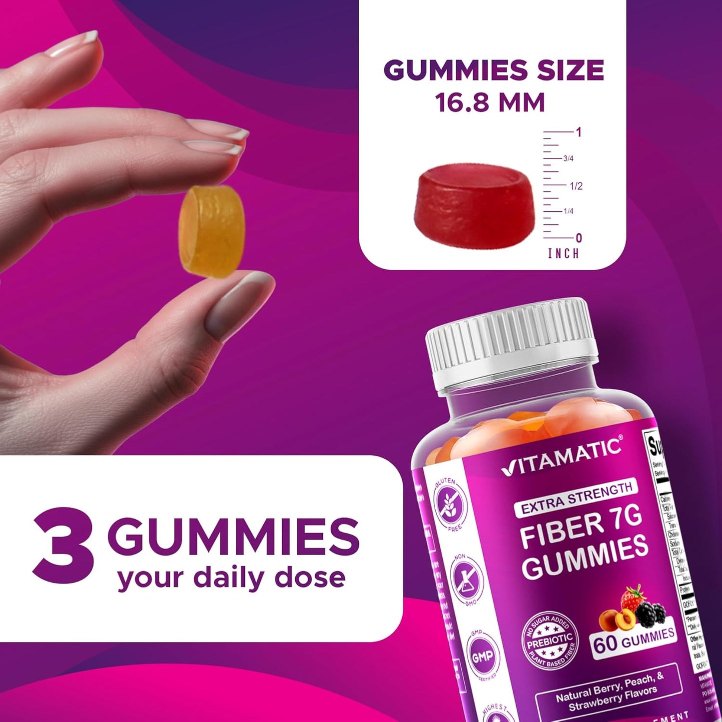 Vitamatic Prebiotic Fiber Gummies for Digestive Health & Regularity, Extra Strength, 7g Fiber per Serving, Zero Sugar Added, Made in USA, 60 Count (2 Pack)
