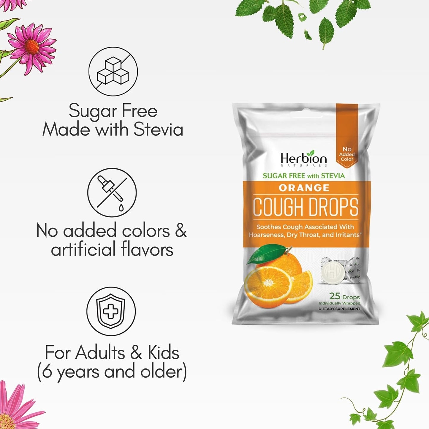 HERBION Naturals Cough Drops, Sugar Free with Stevia, Dietary Supplement, Soothes Cough, for Adults & Children Over 6 Years, 25 Count, Orange, Pack of 1