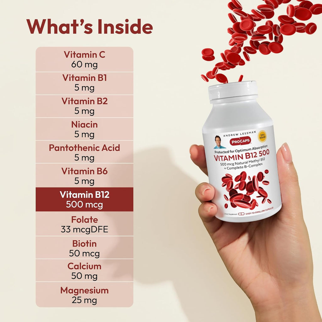 ANDREW LESSMAN Vitamin B12 500 180 Capsules - Absorption-Protected Methylcobalamin (Natural Coenzyme Vitamin B12), Essential for Energy and Stress Support, Plus B-Complex, Easy to Swallow Capsules