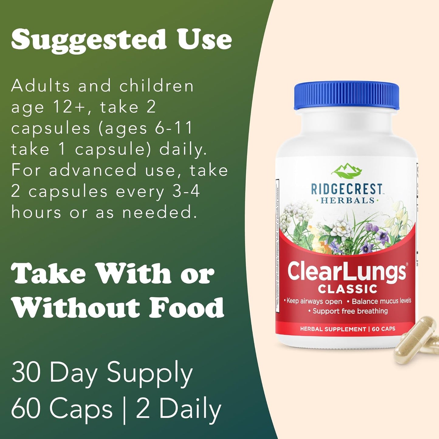 RidgeCrest Herbals ClearLungs Classic, Natural Lung and Nasal Daily Health Supplement for Bronchial, Respiratory, Immune, Sinus, and Mucus Wellness Support, Herbal Formula (60 Caps, 30 Serv)