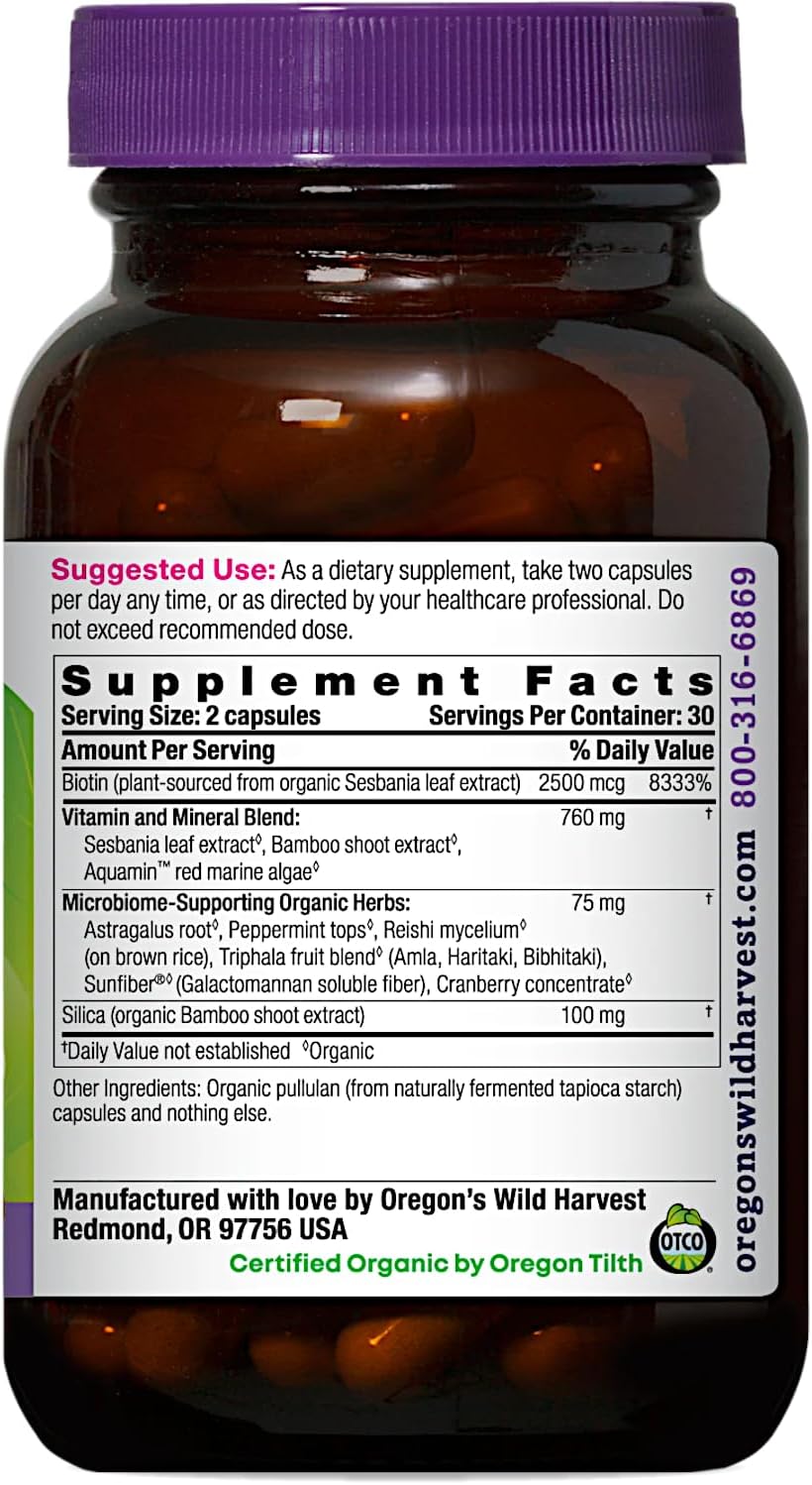 Oregon’s Wild Harvest Biotin & Silica – USDA Certified Organic, Vegan Capsules for Hair, Skin & Nail Support with Microbiome-Supporting Herbs – Non-GMO, 60 Count
