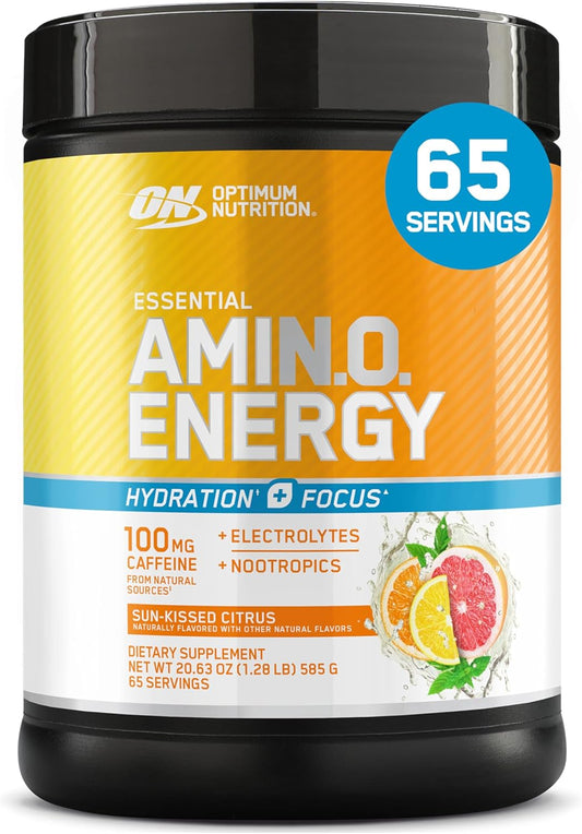 Optimum Nutrition Amino Energy Powder Plus Focus, with BCAA, Electrolytes, and Caffeine, Sunkissed Citrus, 65 Servings (Packaging May Vary)