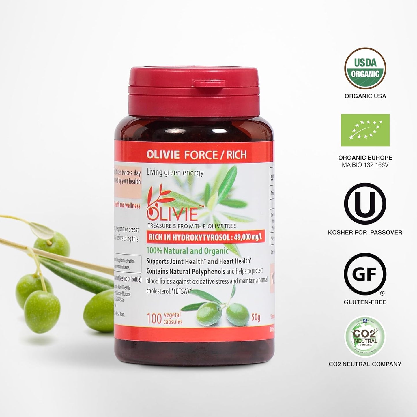 Organic Olive Leaf Extract Capsules Olivie Force/Rich | Antioxidant Polyphenol Supplement for Adults | Health Support Supplement | 100 Vegetal Capsules