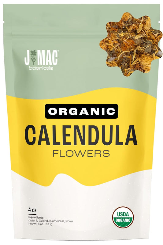 J Mac Botanicals, Organic Calendula Flower (4 ounce), whole dried flowers and petals, loose leaf tea, marigold flower, USDA Certified Organic. Great for loose leaf teas, cocktail bombs, salve