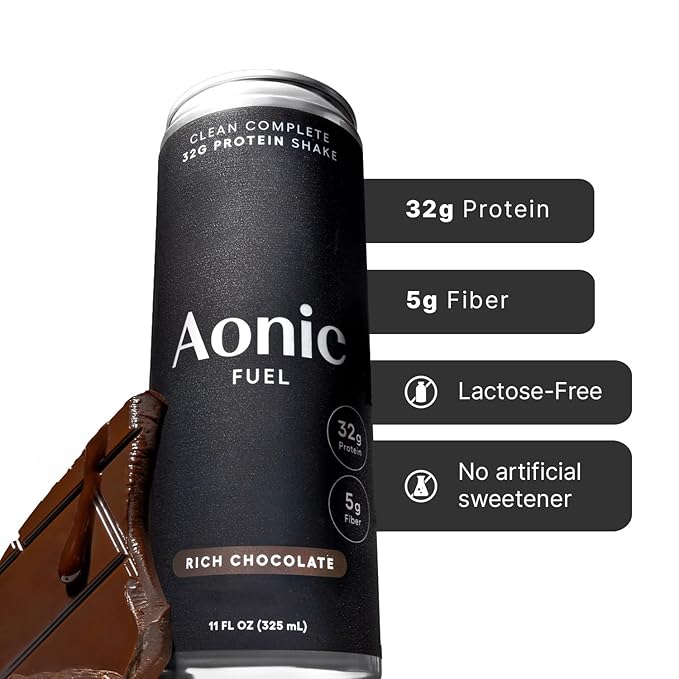 Aonic Fuel 32g Protein Shake, 5g Fiber, Lactose-Free, Complete Amino Acid Profile, No Added Sugar, Made with Real Cocoa, 11 fl oz (Pack of 12) - Rich Chocolate