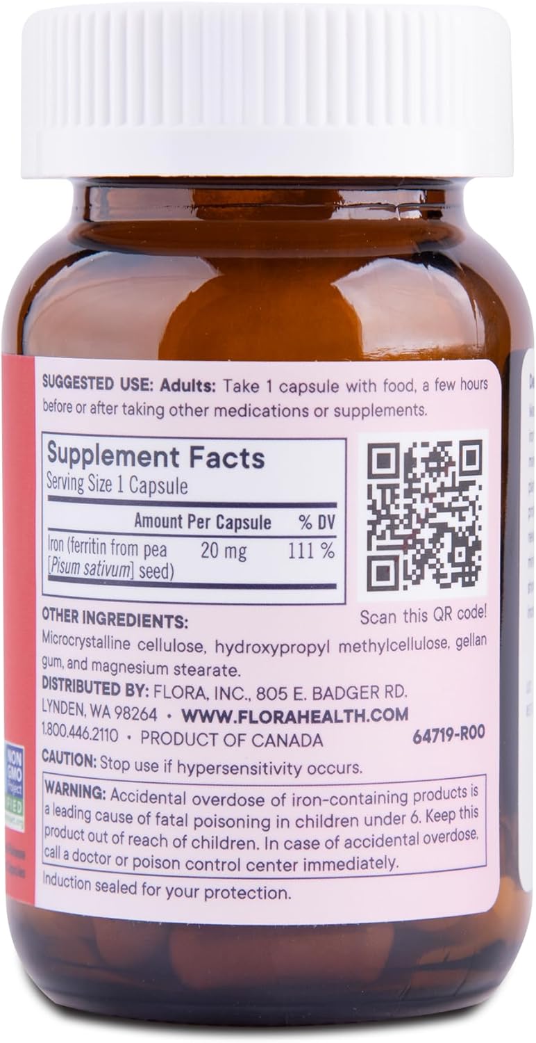 Flora Ferritin+ Delayed-Release Iron Supplement - Plant-Based Iron Supplement - Blood Cell & Energy Support - Vegan & Gluten-Free - Amber Glass Bottle - 60 Vegan Capsules