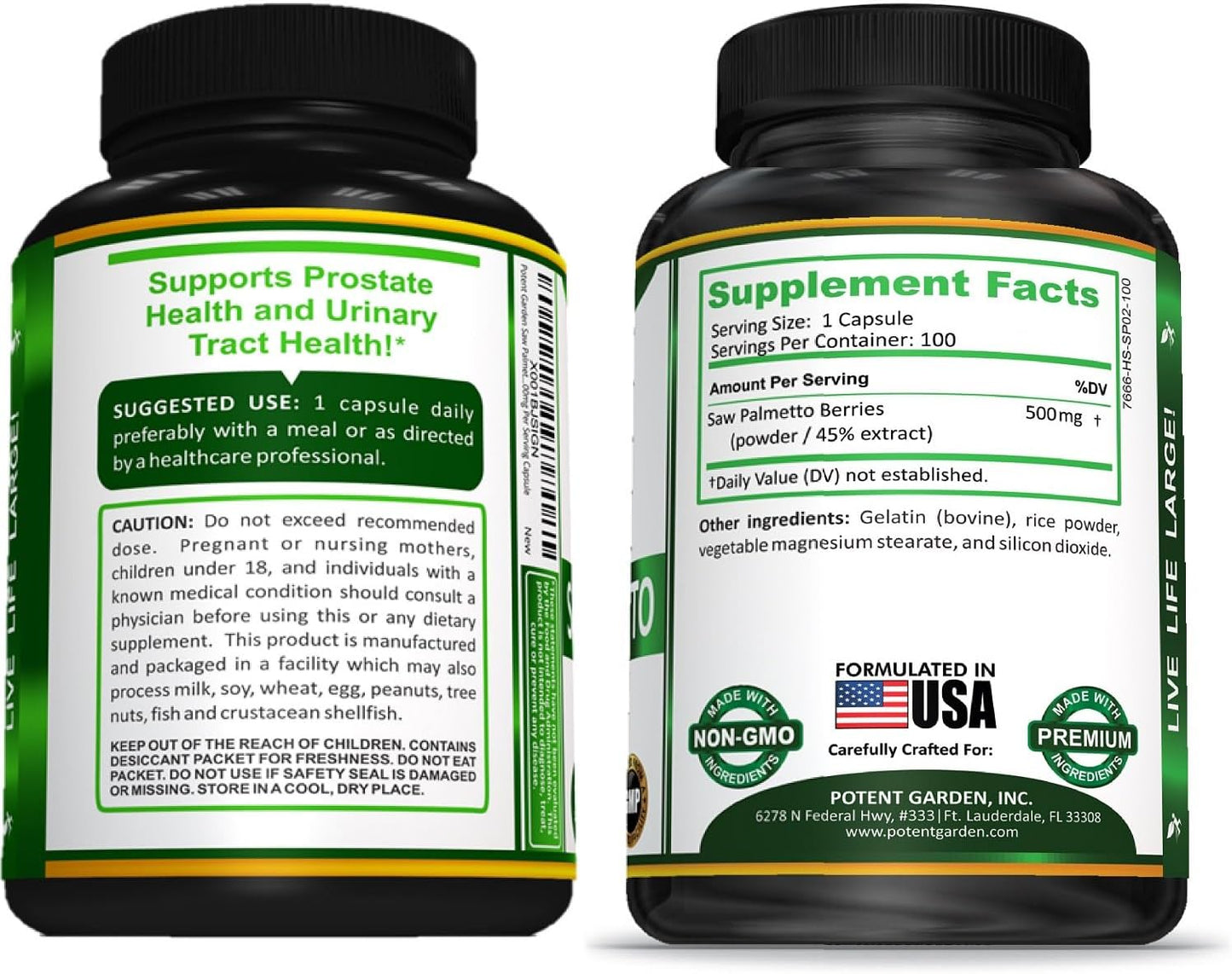 Potent Garden Saw Palmetto 500 mg - Prostate Supplements for Men - Supports Healthy Urination Frequency & Flow - Non GMO, 100 Saw Palmetto Capsules