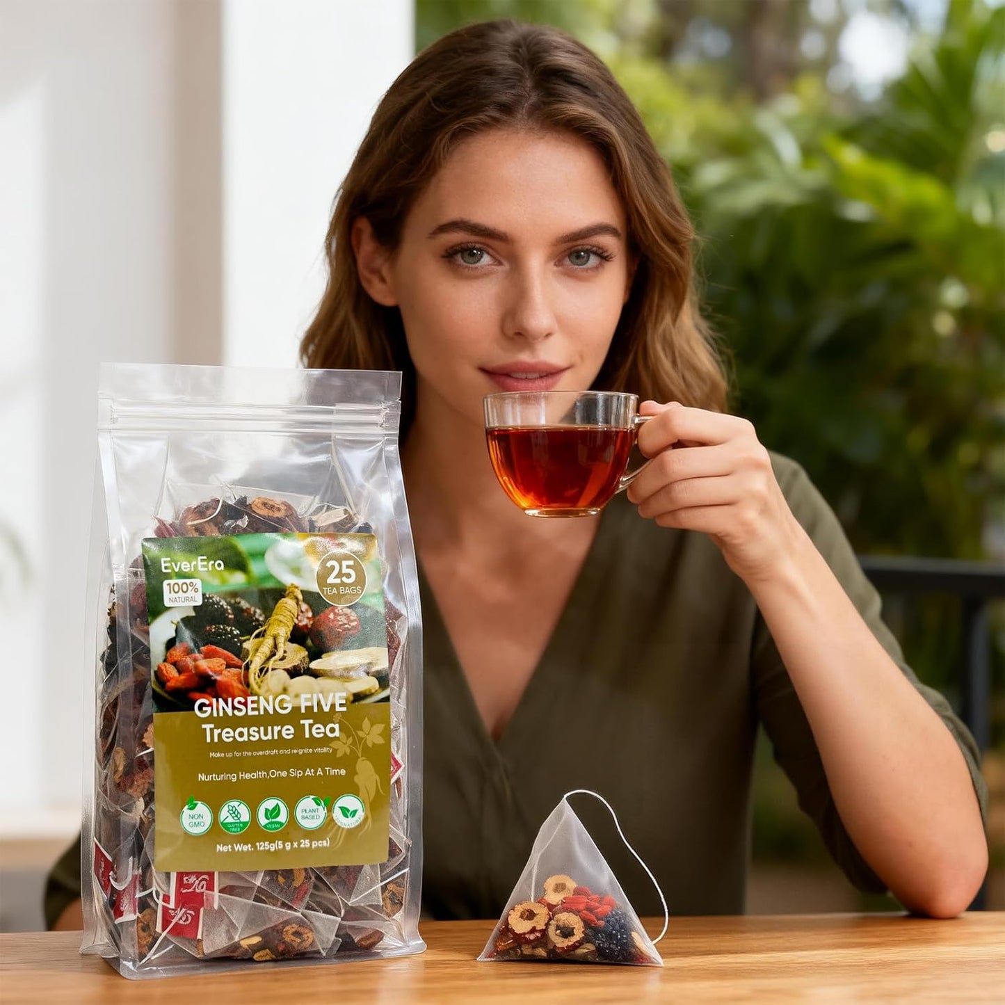 EverEra Ginseng Five Treasures Kidney Tea, Natural Organic Chinese Herbal Tea Bags for Men & Women, Kidney Cleanse Detox Tea with 5 Ingredients Formula (125g/5g x25pcs)